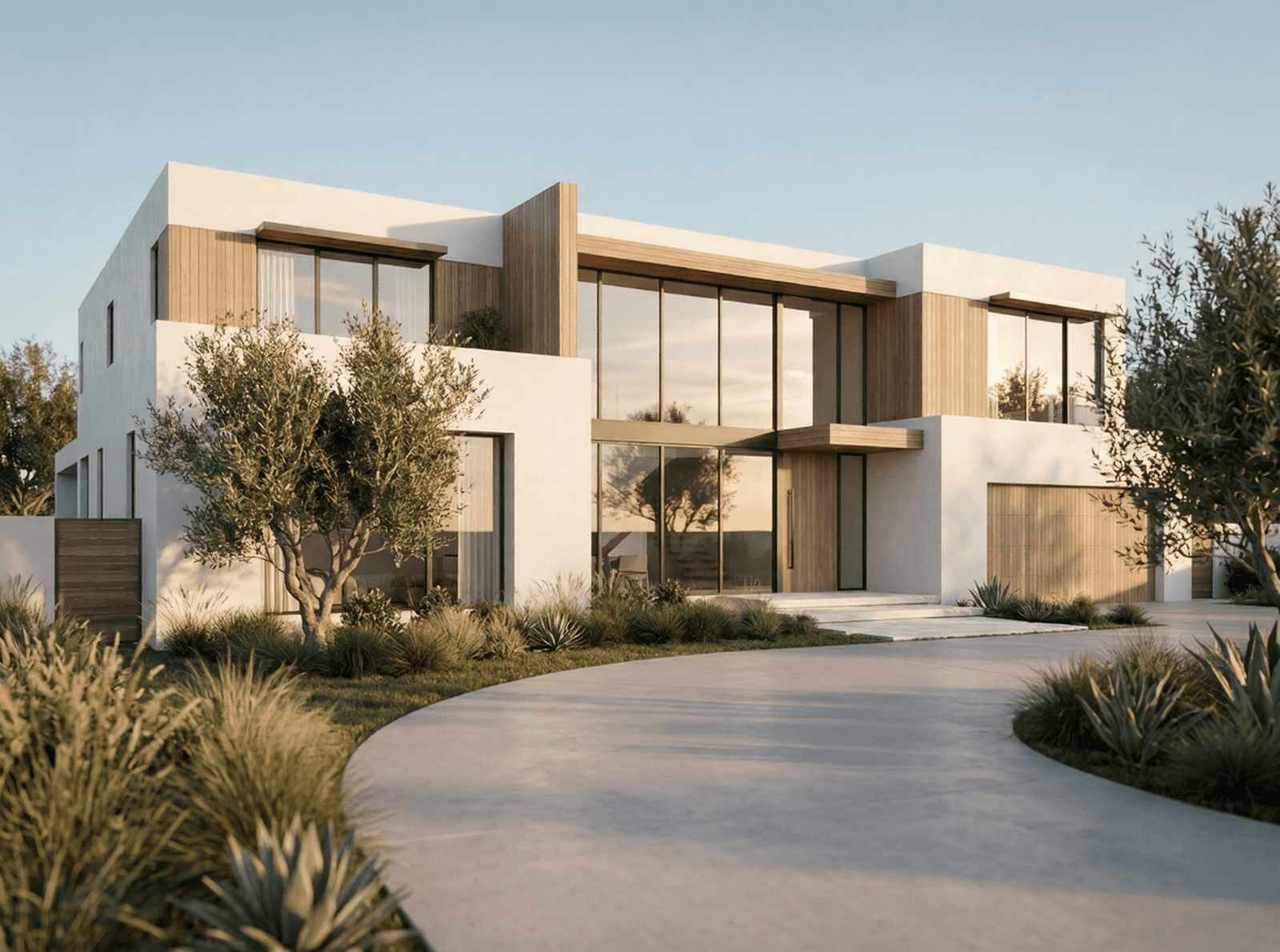 Photorealistic 3D rendering of a modern luxury home exterior