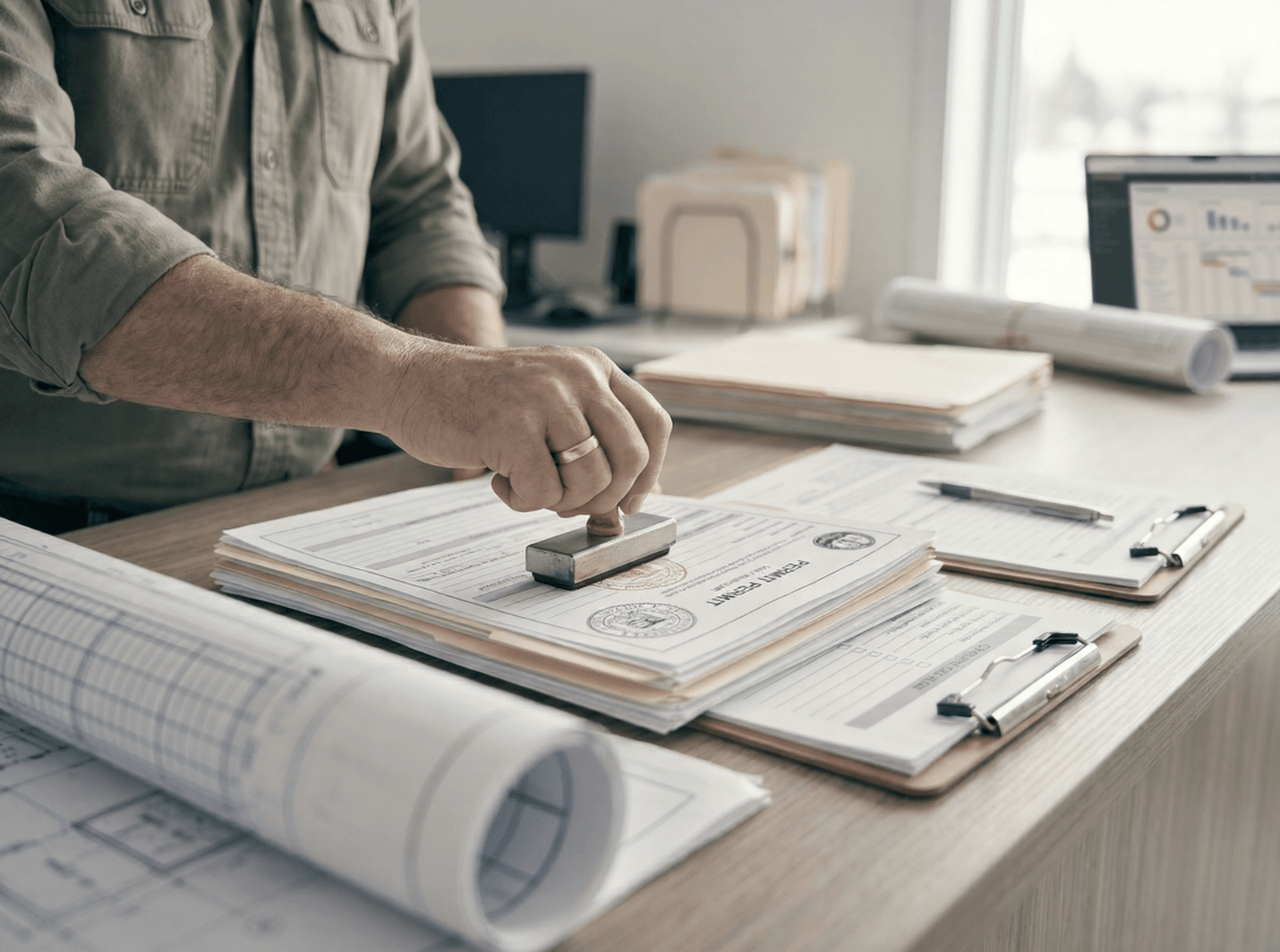 Building permit application documents and blueprints