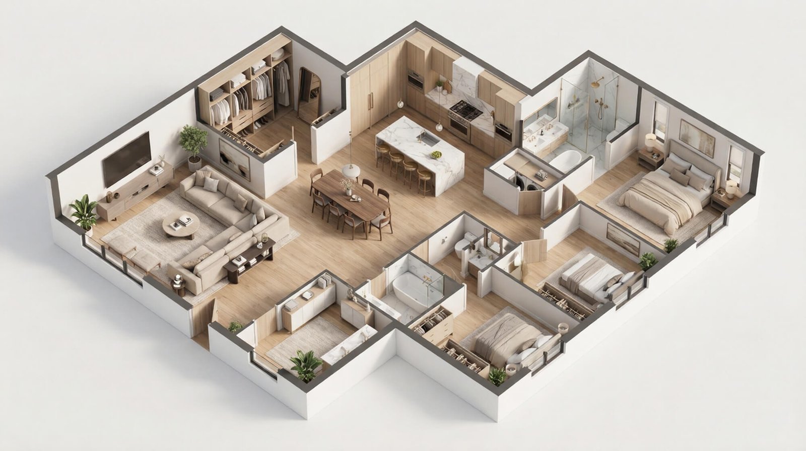 Detailed 3D floor plan with realistic furniture and flooring