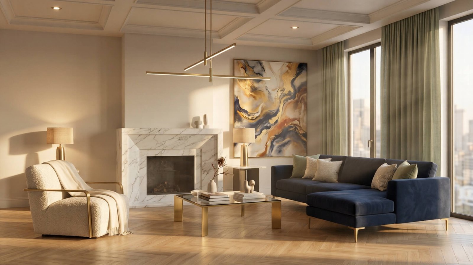 Interior design visualization showing luxury materials and lighting