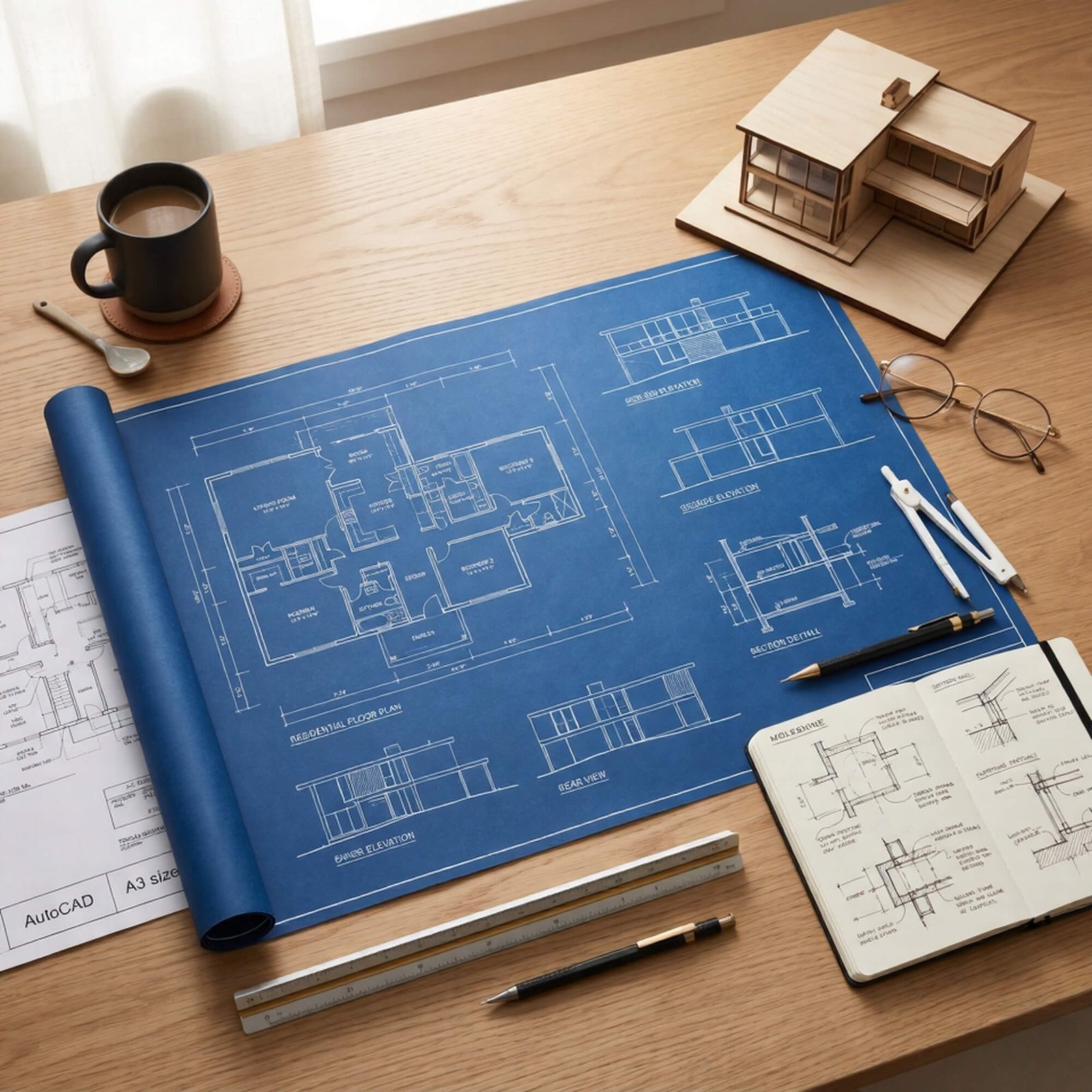 Structural engineering blueprints and technical ruler